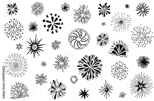 Hand drawn cute sketch doodle vector line burst and fireworks icon element set. Isolated on white background 