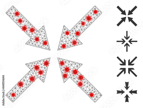 Mesh center arrows in lockdown style. Mesh wireframe center arrows image in lowpoly style with organized linear items and red infectious items.