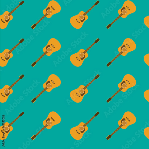 Acoustic guitar seamless pattern design with vintage and retro style isolated vector on turquoise background. Pop art pattern