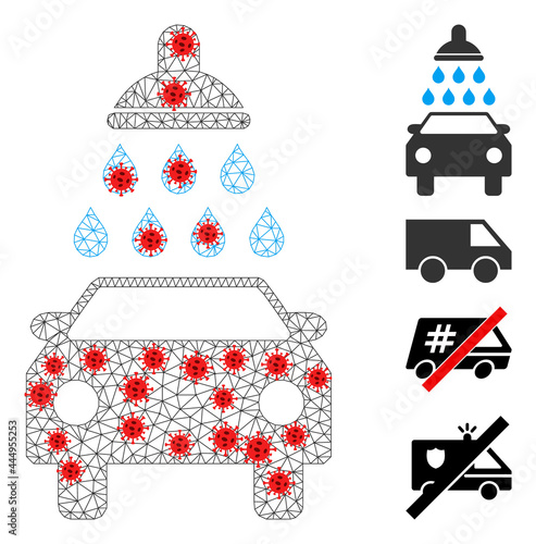 Net car wash with lockdown style. Mesh wireframe car wash image in low poly style with combined linear items and red virus items. Vector model is created from car wash with coronavirus items.