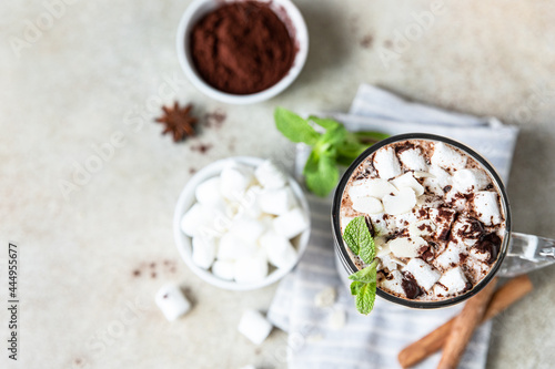 Hot chocolate or cocoa in glass cup with marshmallow, cinnamon and mint, light concrete background. Top view.