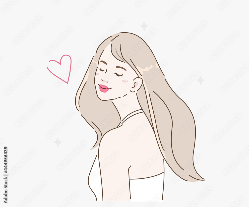 Beauty young girl with healthy fresh skin and hair love yourself. Facial and body cosmetic care concept. Flat cartoon vector illustration.