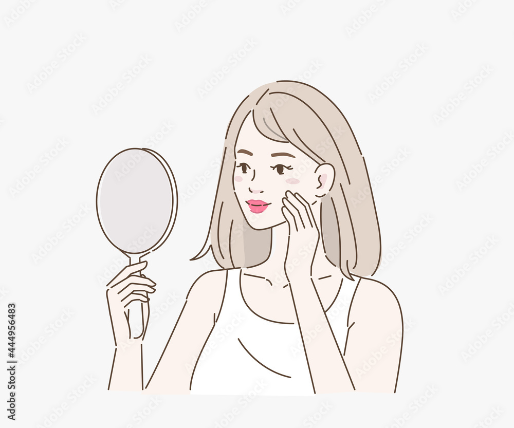 Beauty young girl looking at her mirror reflection and touching her face. Woman applying cosmetic on face skin. Skin care and hygiene concept. Flat cartoon vector illustration. Beauty young girl looking at her mirror reflection and touching her face. Woman applying cosmetic on face skin. Skin care and hygiene concept. Flat cartoon vector illustration.