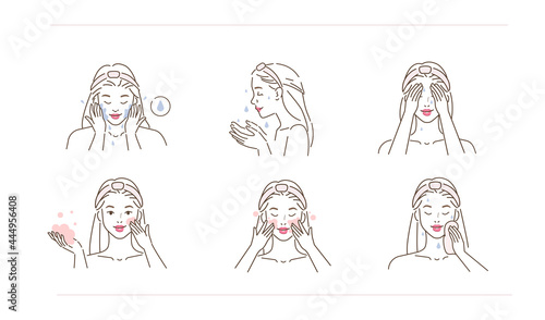 Beauty girl take care of her face and use cleansing skin products. Woman making skincare procedures. Facial cleaning concept. Flat line vector illustration and icons set.
