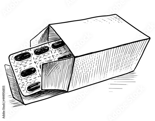 Freehand drawing of pack blisters with pills in cardboard box