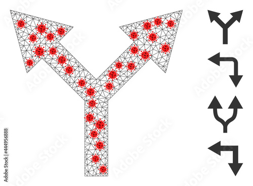 Net bifurcation arrow up in infection style. Polygonal wireframe bifurcation arrow up image in lowpoly style with organized linear items and red infectious centers.