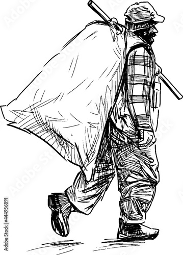Freehand drawing of poor homless bearded man with big bag walking along street