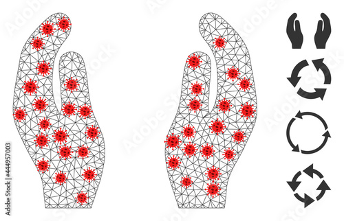 Network care hands using infection style. Polygonal wireframe care hands image in low poly style with combined linear items and red infection centers.