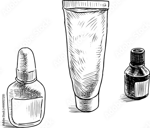 Outline freehand drawing of tube with ointment and bottles of dispenser with drug solution