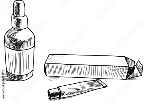 Outline freehand drawing of tube with ointment and cardboard packaging and bottle of dispenser with drug solution