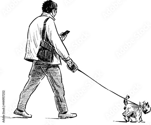 Sketch of casual towns man with lap dog walking outdoors and looking at phone