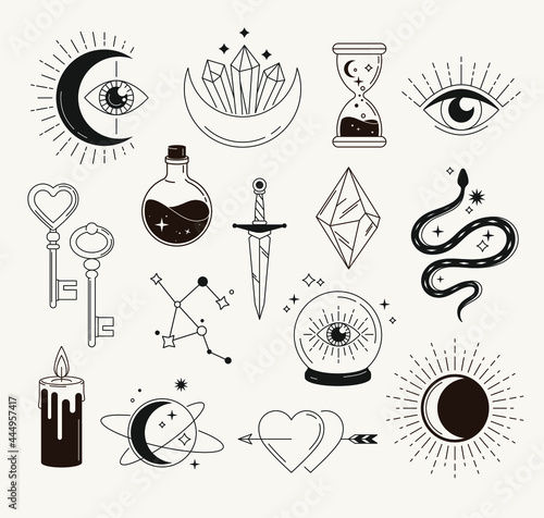 Esoteric, mystical, astrological, witchcraft, magic objects, icons, elements and symbols