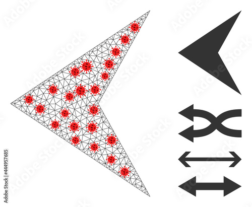 Polygonal arrowhead left in infection style. Polygonal carcass arrowhead left image in lowpoly style with connected linear items and red infectious items.