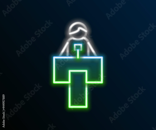 Glowing neon line Stage stand or debate podium rostrum icon isolated on black background. Conference speech tribune. Colorful outline concept. Vector