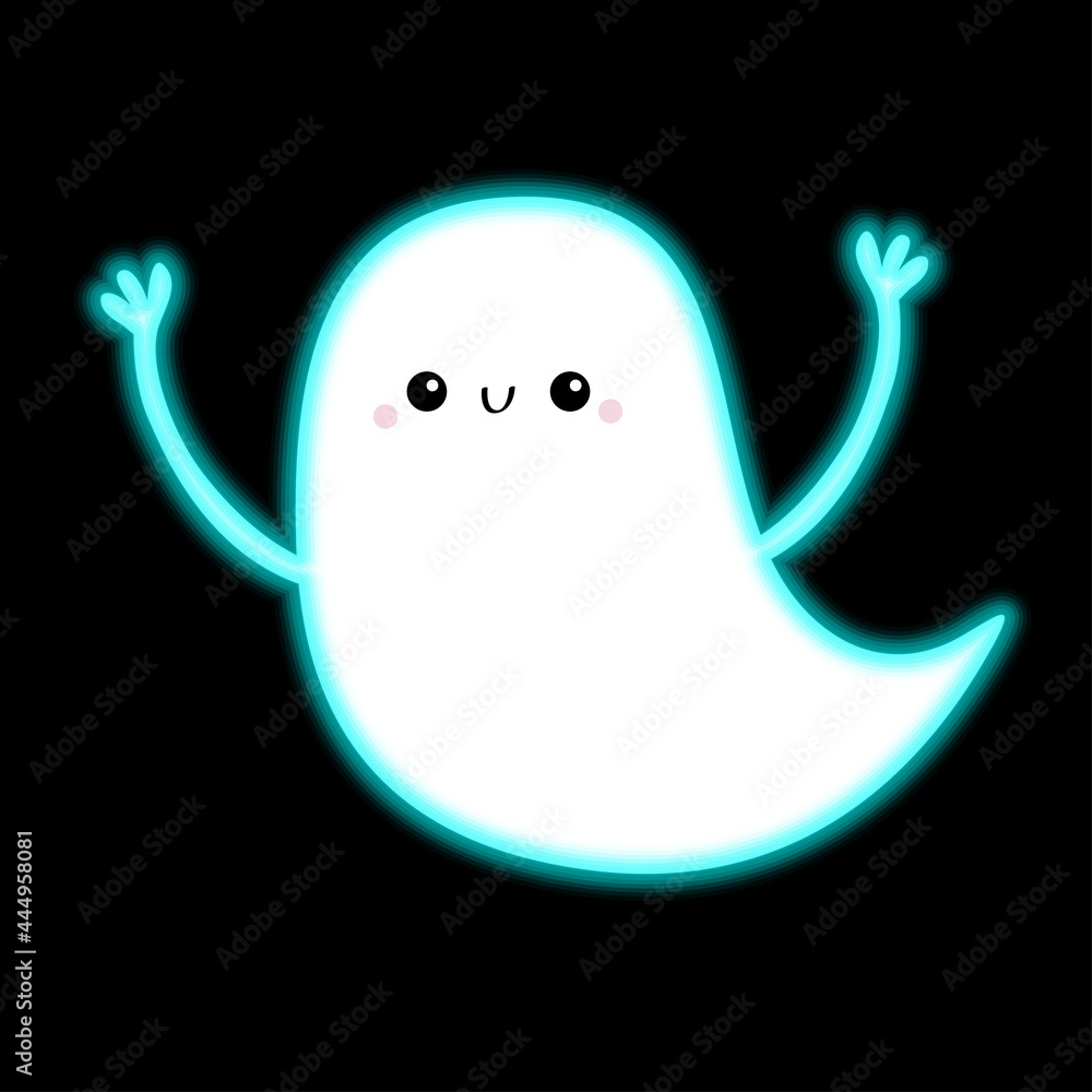 Fototapeta premium Flying ghost spirit with hands. Scary white glowing ghosts. Neon blue effect. Happy Halloween. Cute cartoon spooky character. Smiling face. Greeting card. Black background. Flat design.