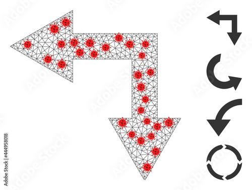 Polygonal bifurcation arrow left down in lockdown style. Polygonal wireframe bifurcation arrow left down image in lowpoly style with combined lines and red infection elements.