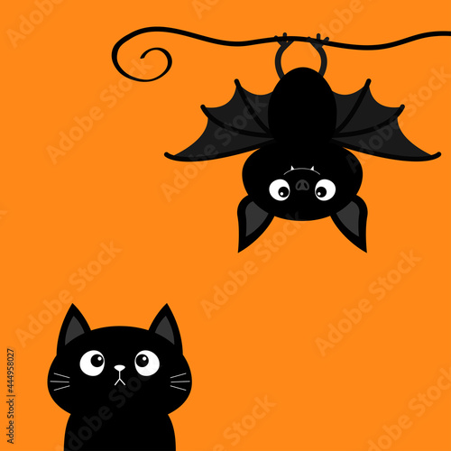 Cute hanging bat. Black cat kitten kitty looking up. Happy Halloween. Cartoon kawaii funny baby animal charater. Greeting card. Flat design. Orange background. Isolated.