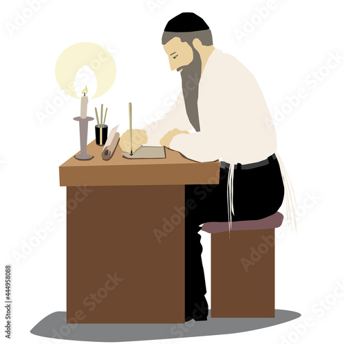 A figure of an ultra Orthodox Torah observant Jew, with a beard, kippah and tassel, sitting and writing a mezuzah. He holds in his hand a processed feather and next to it ink and a rolled parchment