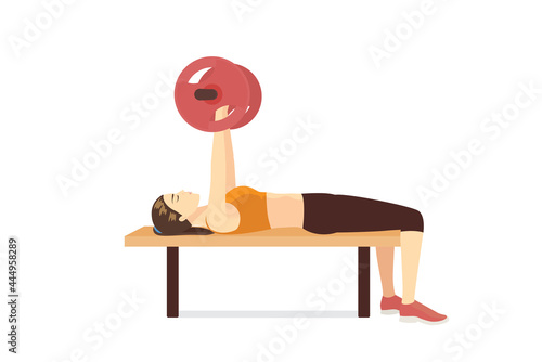 Sport woman doing Barbell Bench Press workout. Fitness diagram about correct exercise poses with Heavyweights equipment in the gym.