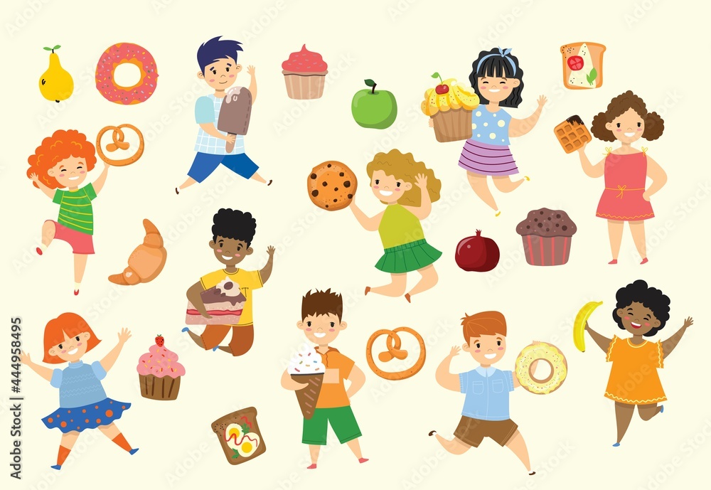 Cartoon funny friends fast food - coockie, waffle, donut, pretzel, croissant, ice cream Cartoon funny friends fast food - coockie, waffle, donut, pretzel, croissant, ice cream