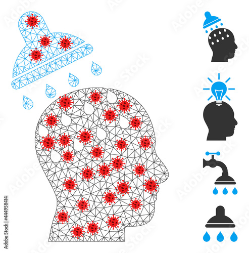 Network brain washing with lockdown style. Mesh carcass brain washing image in lowpoly style with structured lines and red infectious elements.