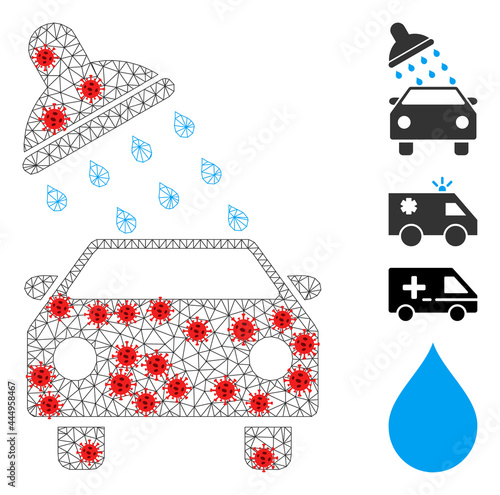 Network car wash in lockdown style. Polygonal wireframe car wash image in lowpoly style with combined linear items and red virus centers.