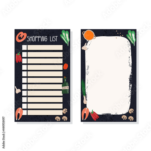Notes, planner, shopping list, check list paper set with food products decoration and hand lettering. Vector template.