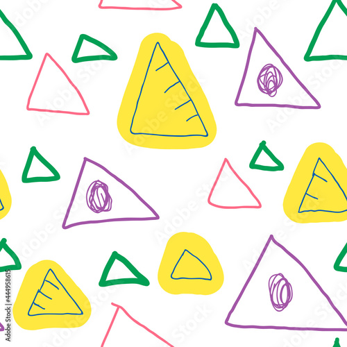 Doodle seamless pattern with triangles on white background. Hand drawn childlike style background. Infinity geometric wrapping paper. 