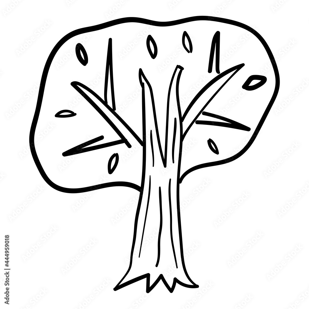 Cartoon doodle hand drawn tree isolated on white background. Childlike style. Sketch woodland icon. Cartoon doodle hand drawn tree isolated on white background. Childlike style. Sketch woodland icon.