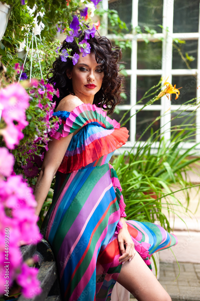 Beautiful sensual woman portrait outdoor in flowers dress Beautiful sensual woman portrait outdoor in flowers dress