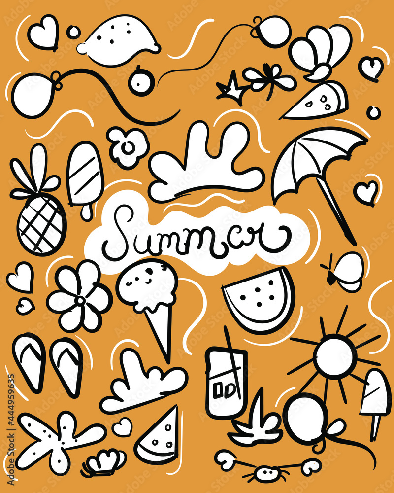 Summer doodles, sun, ice cream, balloon, star fish, pine apple, heart shape, lemon. Summer doodles, sun, ice cream, balloon, star fish, pine apple, heart shape, lemon.
