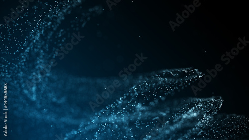 Abstract particle vortex. Futuristic dynamic wave moving in space. Illustration with explosion of data. 3d rendering.