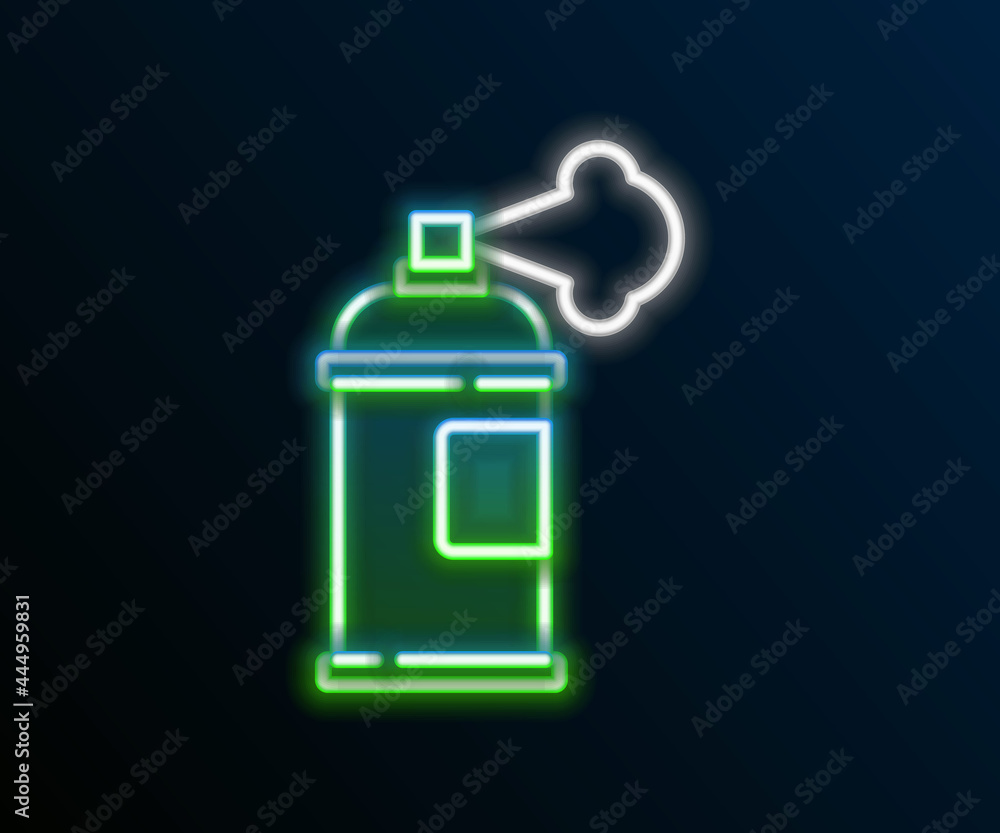 Obraz premium Glowing neon line Paint spray can icon isolated on black background. Colorful outline concept. Vector
