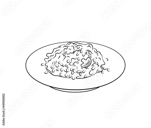 Vector Risotto Plate, Outline Illustration Template, Black and White Food Illustration.
