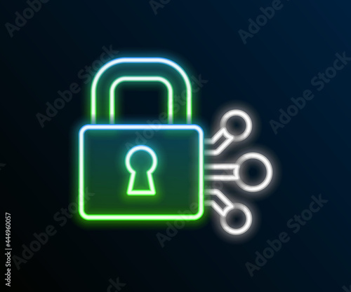 Glowing neon line Lock with bitcoin icon isolated on black background. Cryptocurrency mining, blockchain technology, security, protect, digital money. Colorful outline concept. Vector