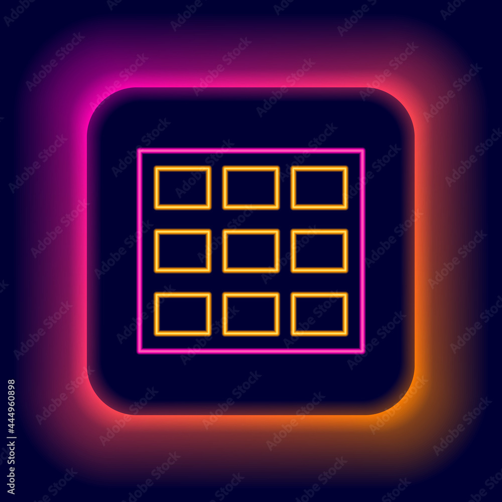 Glowing neon line Chocolate bar icon isolated on black background. Colorful outline concept. Vector Glowing neon line Chocolate bar icon isolated on black background. Colorful outline concept. Vector