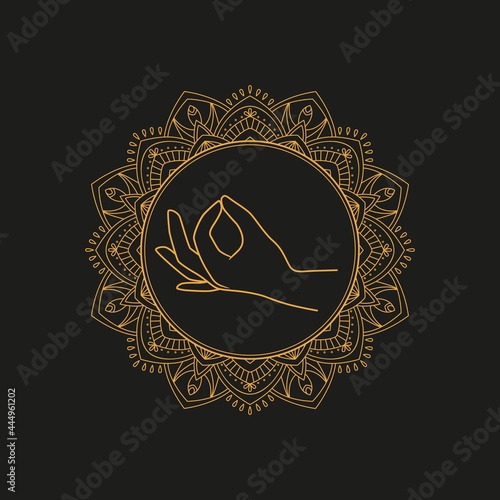 Gyan mudra on the ornate golden frame. Vector illustration on dark background photo