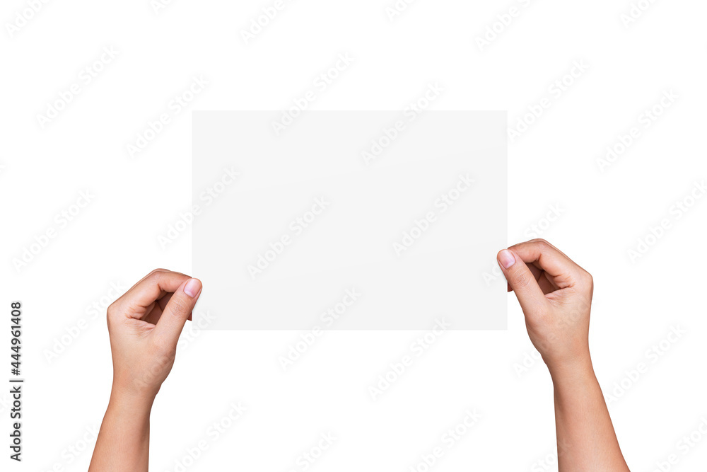 Woman hand holding blank white paper on white background. Objects with clipping path. Business and finance concept Woman hand holding blank white paper on white background. Objects with clipping path. Business and finance concept