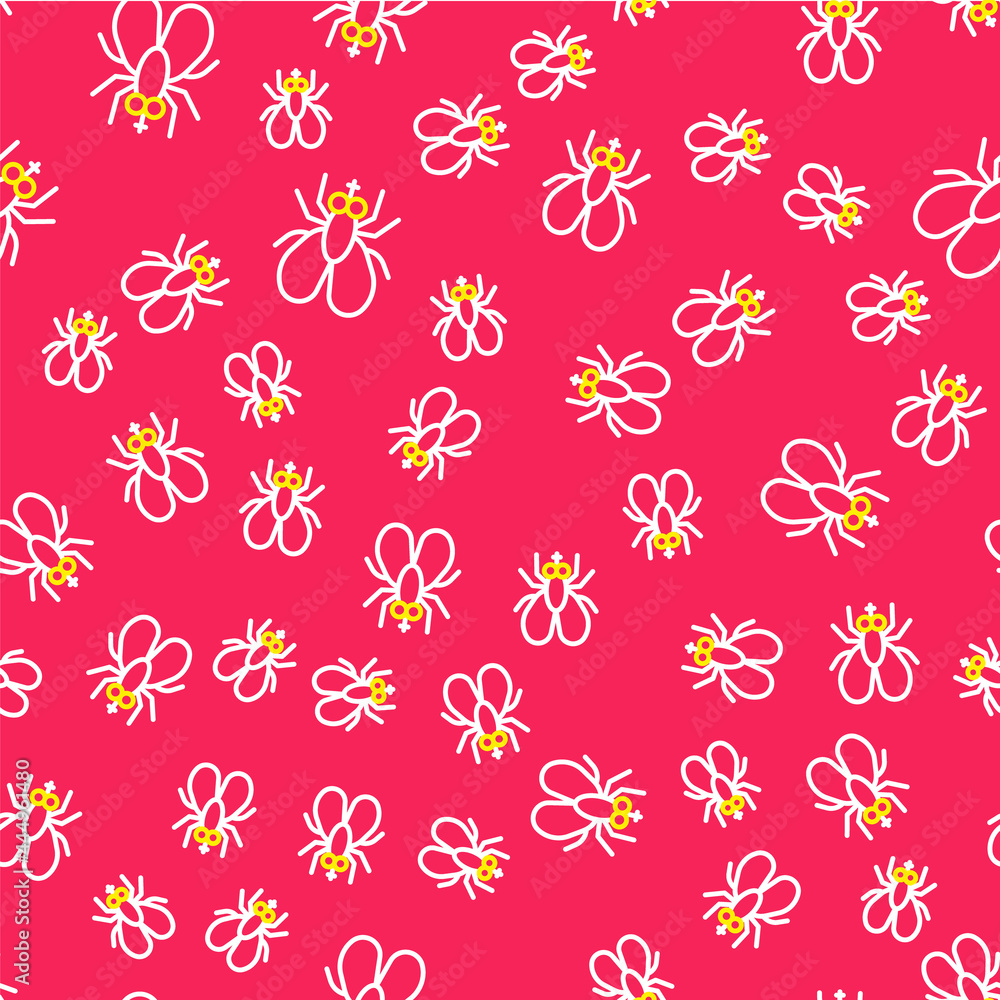 Line Insect fly icon isolated seamless pattern on red background. Vector