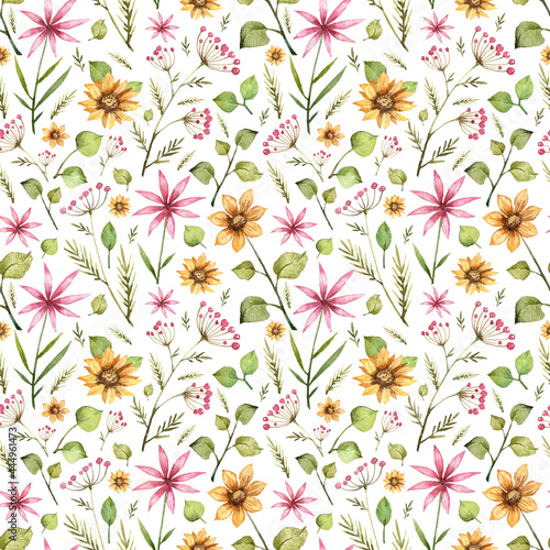 Seamless patter with watercolor floral clip art on white background. Wedding wallpapers design and wrapping paper. Vibrant colorful wild flowers. Hand painted botany