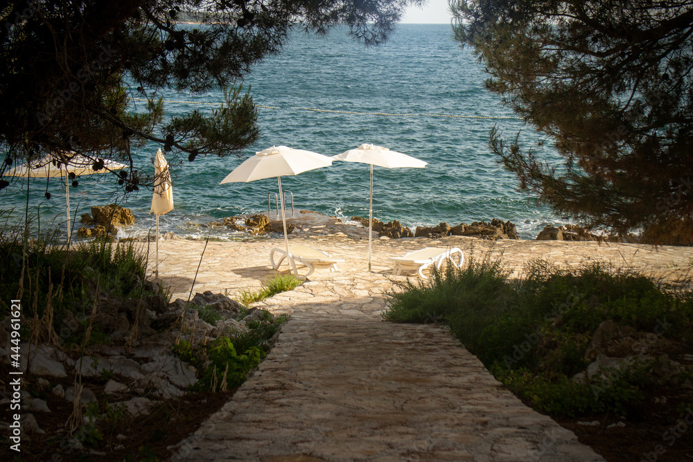 beach with umbrellas and chairs