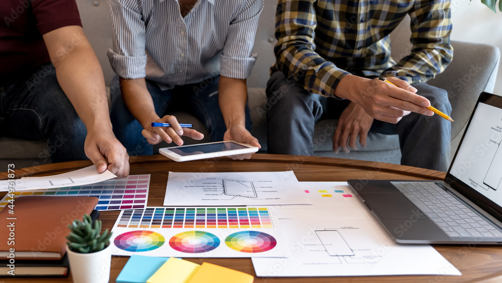 Fototapeta premium Designer brainstorming application for mobile Creative digital. user experience UX. User Interface Design UI concept