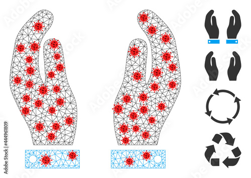 Polygonal care hands with infection style. Polygonal carcass care hands image in low poly style with connected linear items and red covid items.