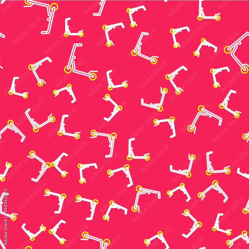 Line Roller scooter for children icon isolated seamless pattern on red background. Kick scooter or balance bike. Vector Line Roller scooter for children icon isolated seamless pattern on red background. Kick scooter or balance bike. Vector