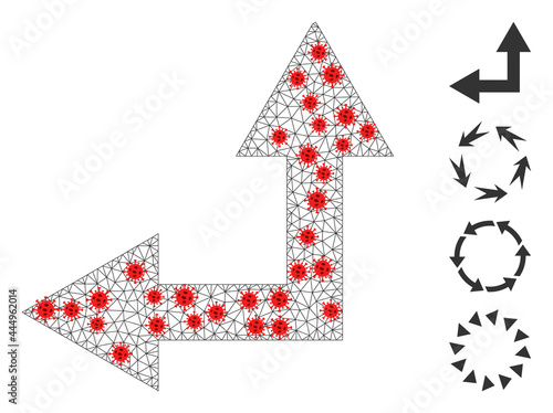 Polygonal bifurcation arrow left up in outbreak style. Polygonal carcass bifurcation arrow left up image in lowpoly style with connected linear items and red covid items.
