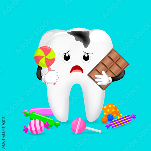 Caries tooth character with candy. Dental care concept. Illustration.