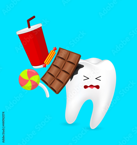 Effects of sugar to teeth. Dental care concept. Sweet food as an acid cauaing bacteria and molar cavity. Illustration.