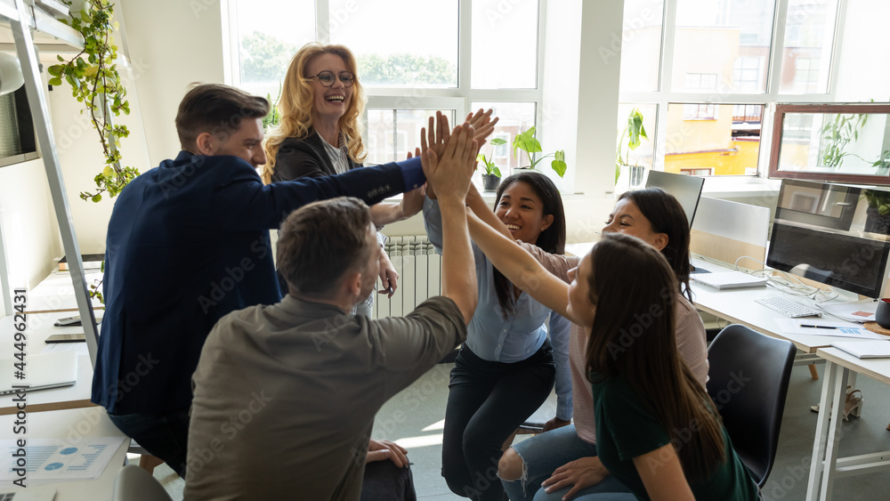 Foto Stock Happy excited diverse team, mixed race office employees of  different ages giving high five, celebrating group success, achieve, great  work result, keeping corporate motivation, teamwork spirit | Adobe Stock