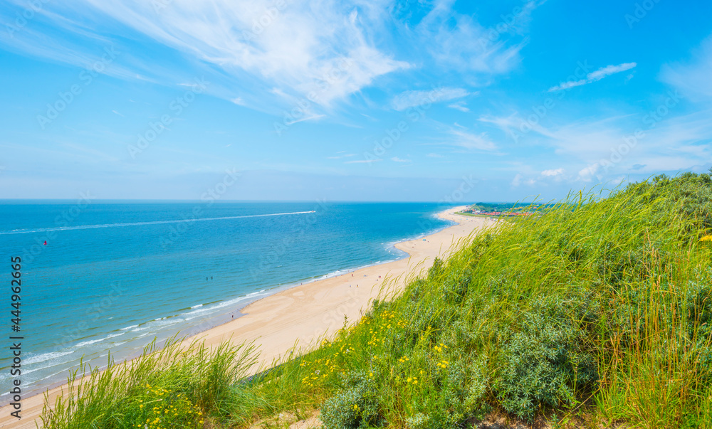 Sunlit waves on the yellow sand of a sunny beach along the North Sea illuminated by the light of a colorful sun and a blue cloudy sky in summer, Walcheren, Zeeland, the Netherlands, July, 2021
