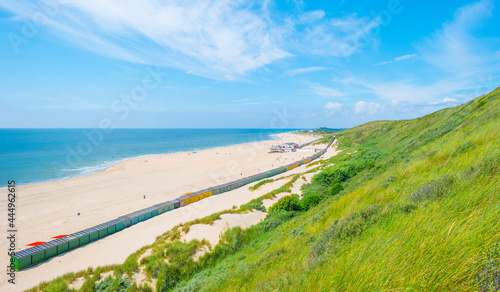 Sunlit waves on the yellow sand of a sunny beach along the North Sea illuminated by the light of a colorful sun and a blue cloudy sky in summer  Walcheren  Zeeland  the Netherlands  July  2021 